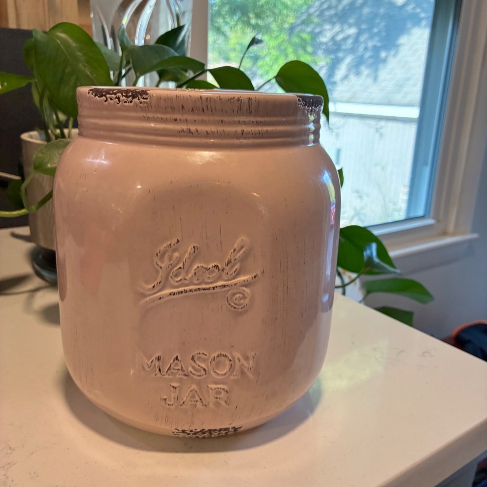 Pink Ceramic Mason Jar Utensil Farmhouse Distressed Shabby Chic Cottage Rustic